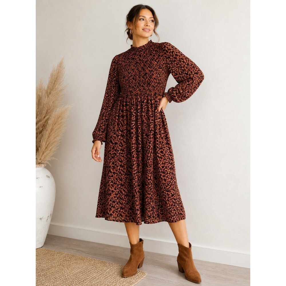 New Day Smocked Midi Dress Womens XL Brown Floral Long Sleeve Boho NWT